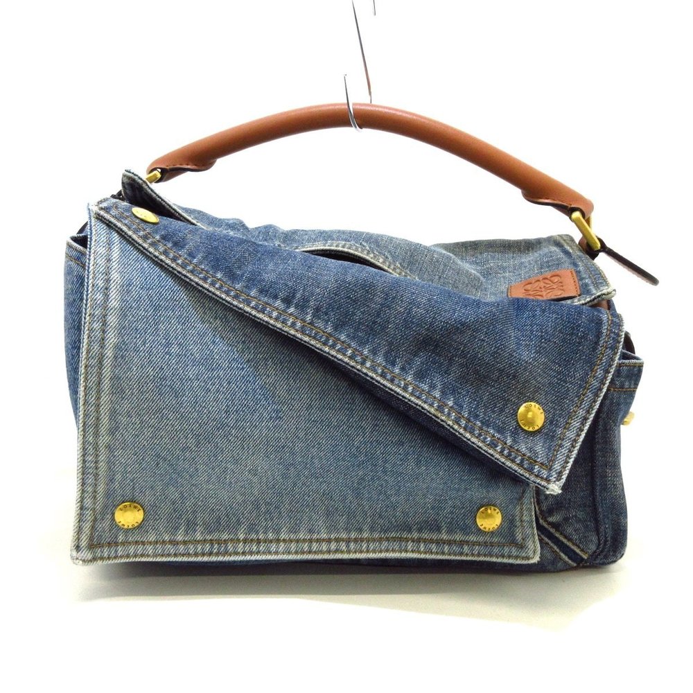 Loewe Puzzle Handbag Name Engraved Denim Leather Blue Brown